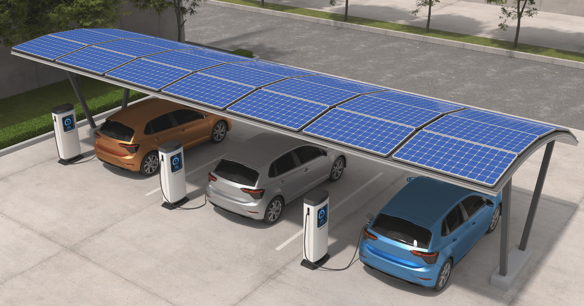 Electric cars being charged by solar panels