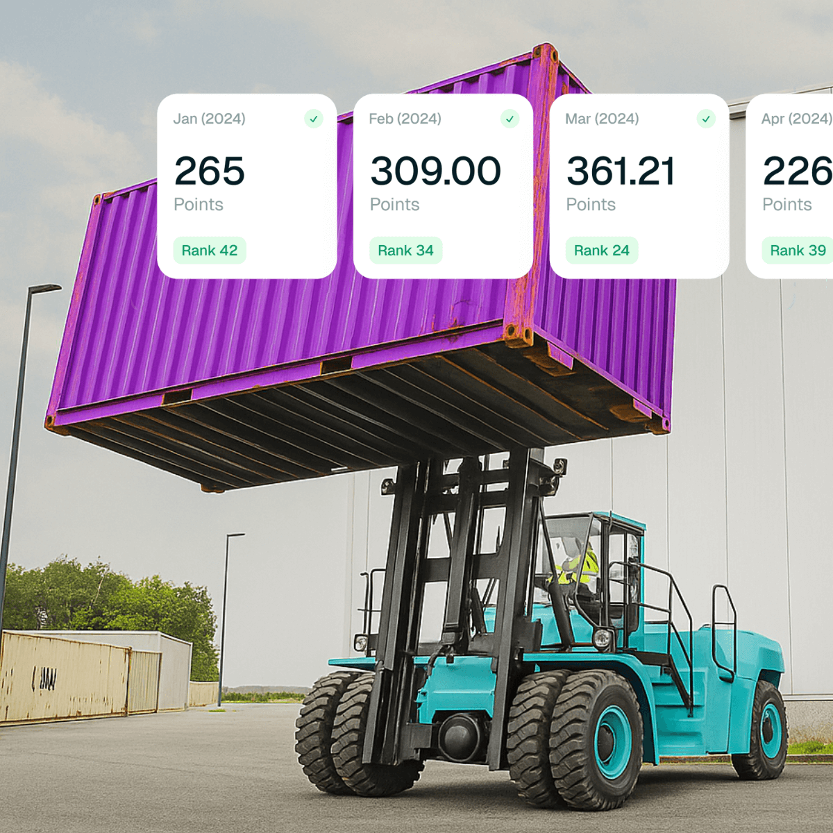 Blue forklift with benchmarking scorecard data