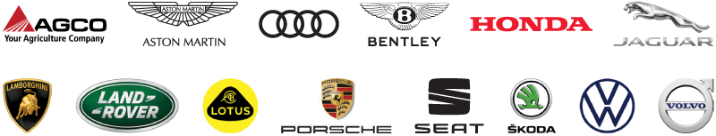 Logos of AGCO, Aston Martin, Audi, Bentley, Honda, Jaguar, Lamborghini, Land Rover, Lotus, Porsche, Seat, Skoda, Volkswagen and Volvo